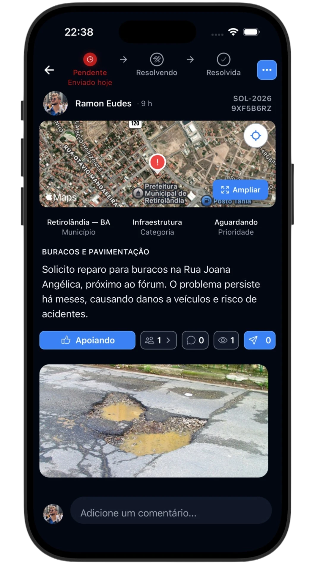 Detalhe de uma demanda na Solucity, com protocolo, status e foto.
