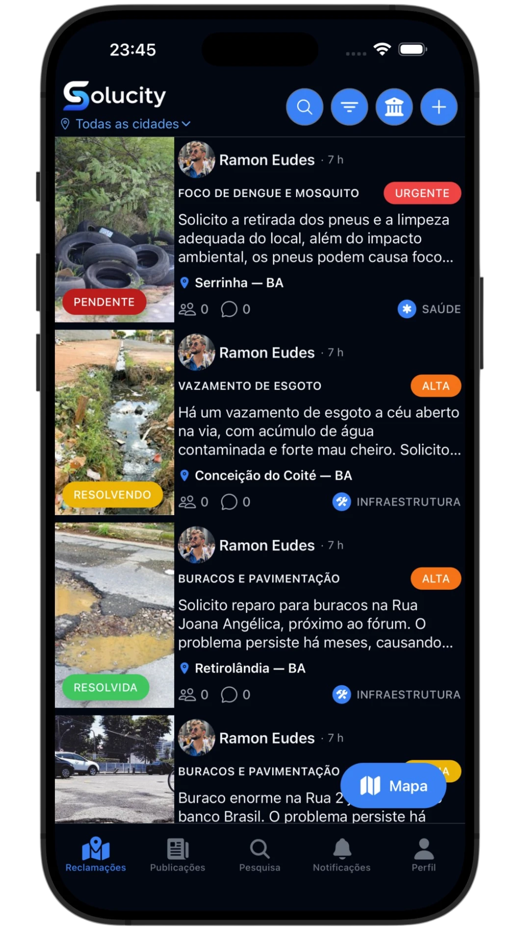 Lista de demandas em resolução no aplicativo Solucity.