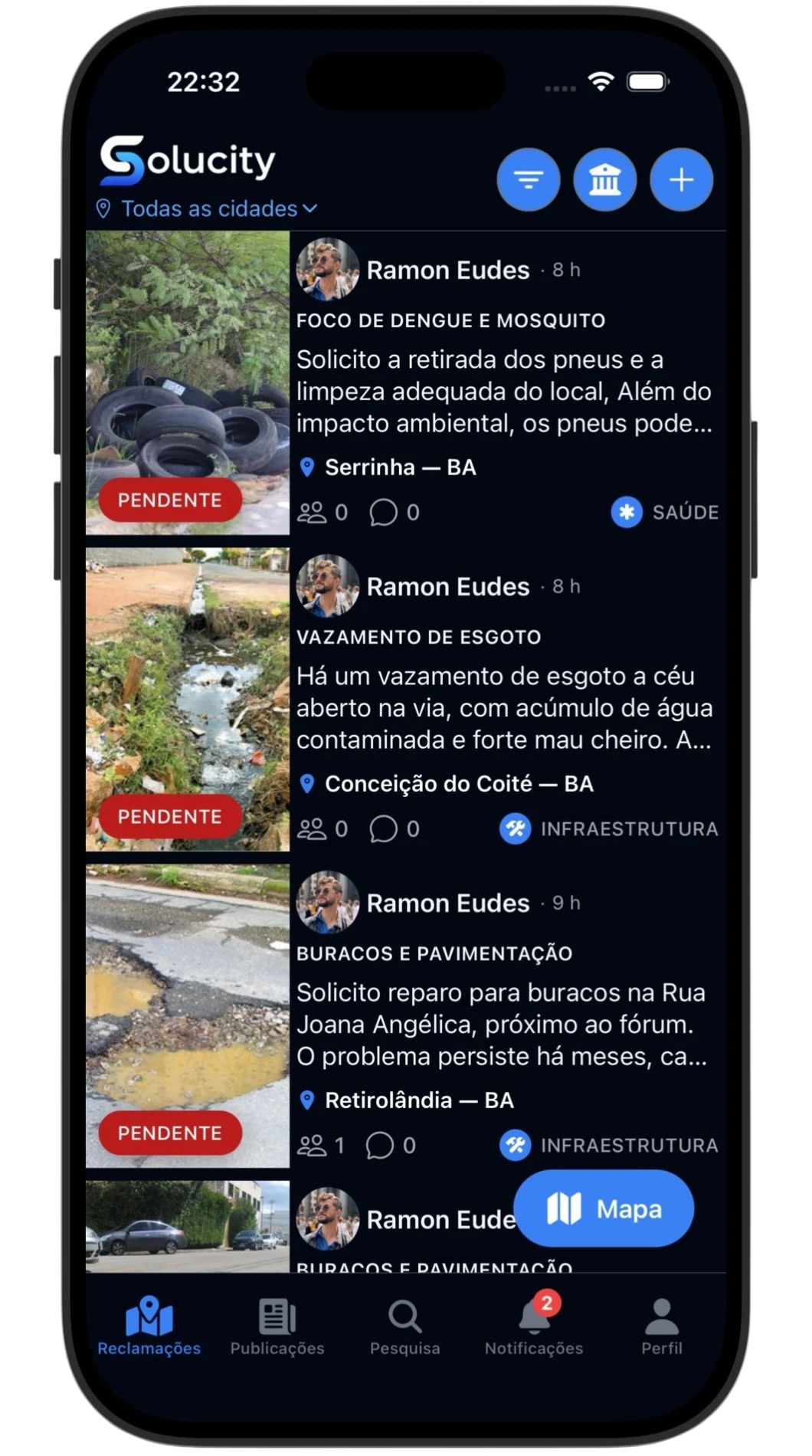 Lista de demandas urbanas no aplicativo Solucity, com status visível.
