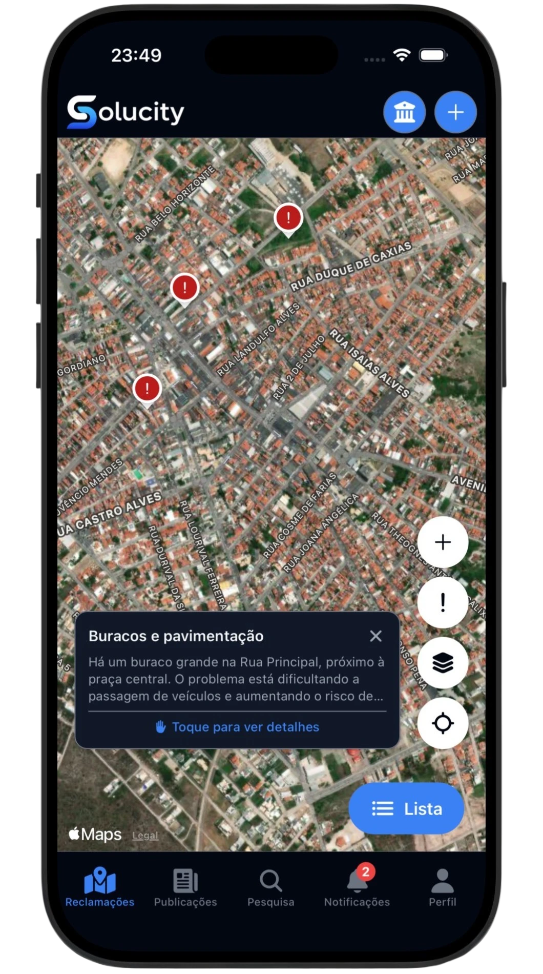 Mapa de demandas do município no aplicativo Solucity, com pins no território.