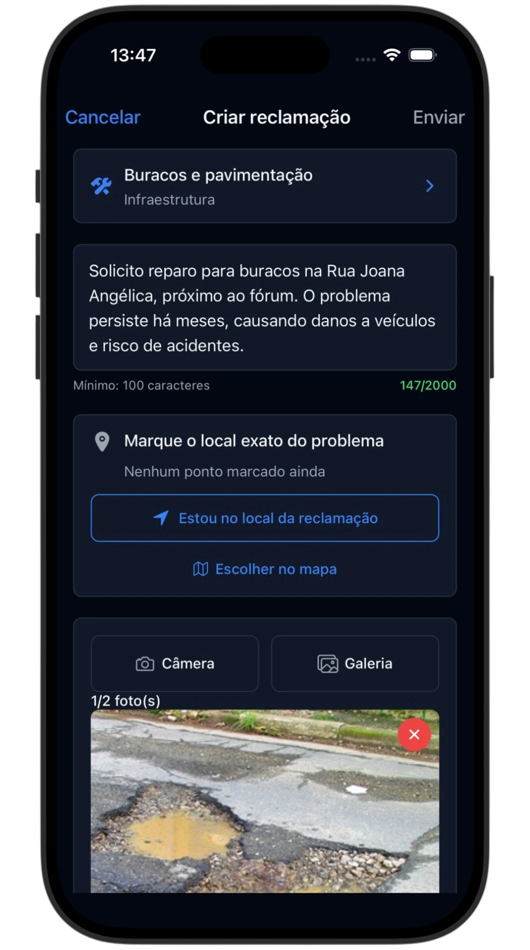 Tela de criar demanda com foto, categoria e local.