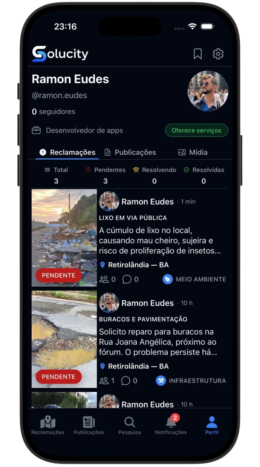 Perfil na Solucity com serviços oferecidos visíveis.