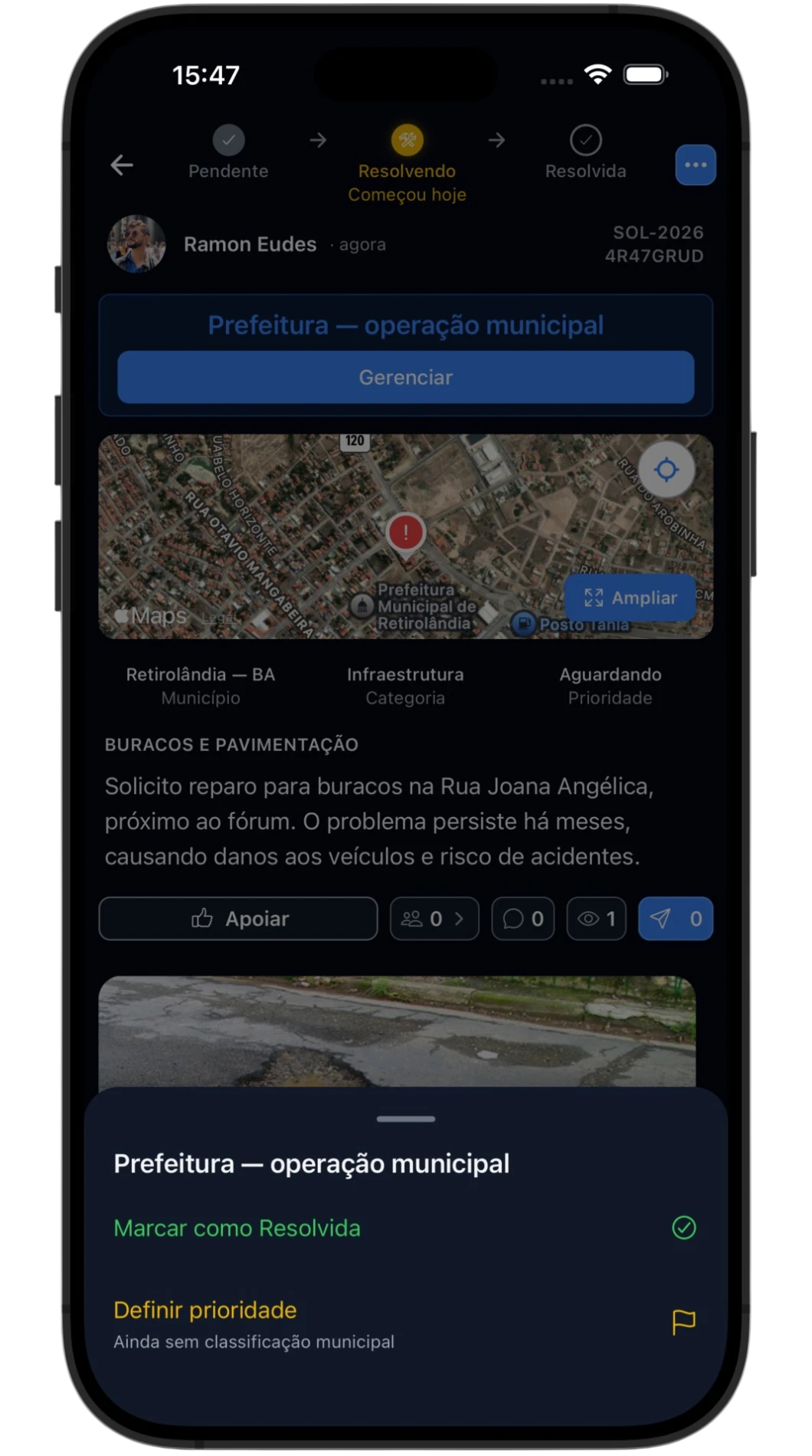 Painel da prefeitura na Solucity, com indicadores e status das demandas.